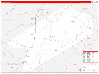 Sussex County, VA RedLine style ZIP Code wall map