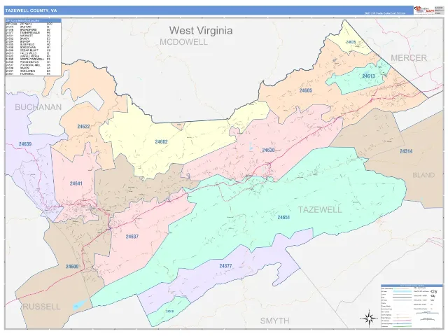 Tazewell County, VA ZIP Code Wall Map, ColorCast style