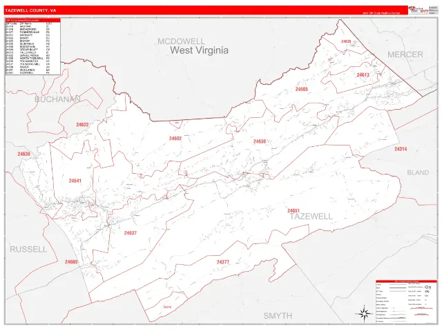 Tazewell County, VA ZIP Code Wall Map, RedLine style