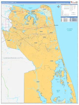 Virginia Beach County, VA Business Reference style ZIP Code wall map