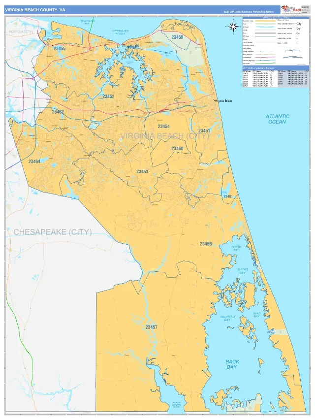 Virginia Beach County, VA ZIP Code Wall Map, Business Reference style