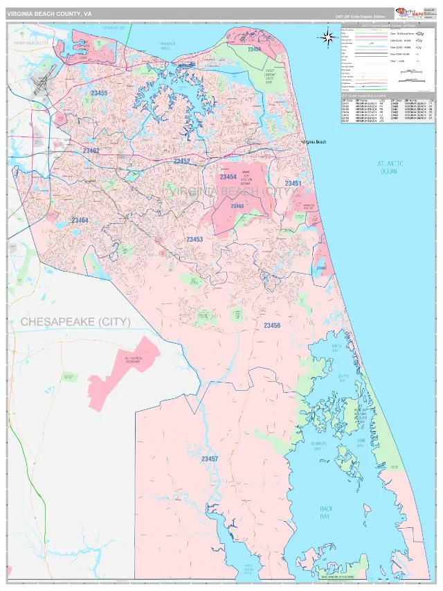Virginia Beach County, VA ZIP Code Wall Map, Classic style