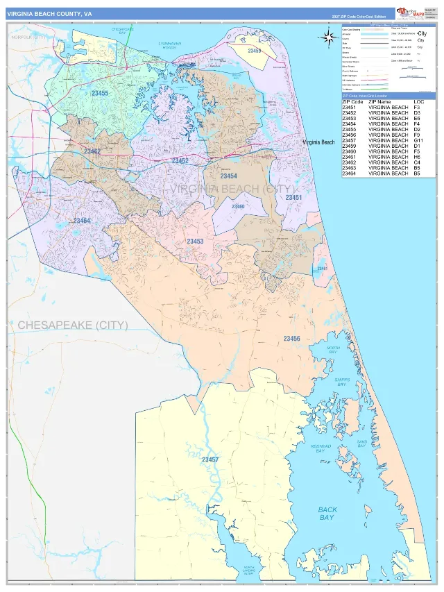 Virginia Beach County, VA ZIP Code Wall Map, ColorCast style