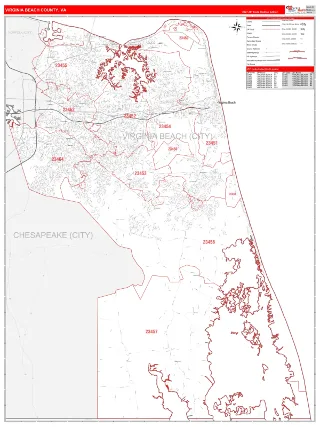 Virginia Beach County, VA RedLine style ZIP Code wall map