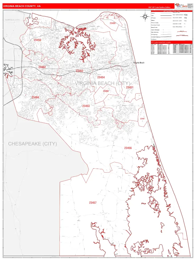 Virginia Beach County, VA ZIP Code Wall Map, RedLine style