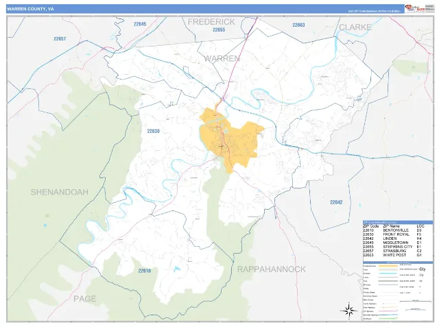 Warren County, VA ZIP Code Wall Map, Business Reference style