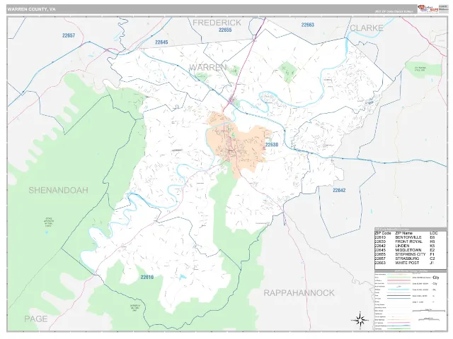 Warren County, VA ZIP Code Wall Map, Classic style