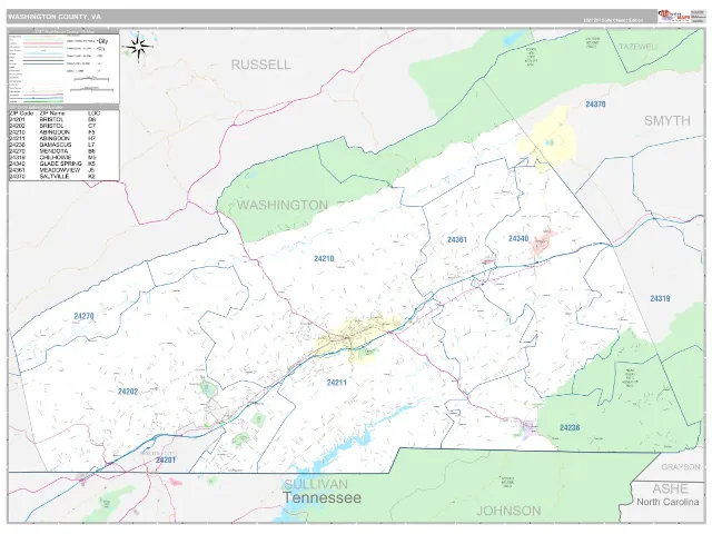 Washington County, VA ZIP Code Wall Map, Classic style