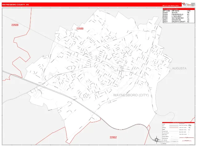 Waynesboro County, VA ZIP Code Wall Map, RedLine style