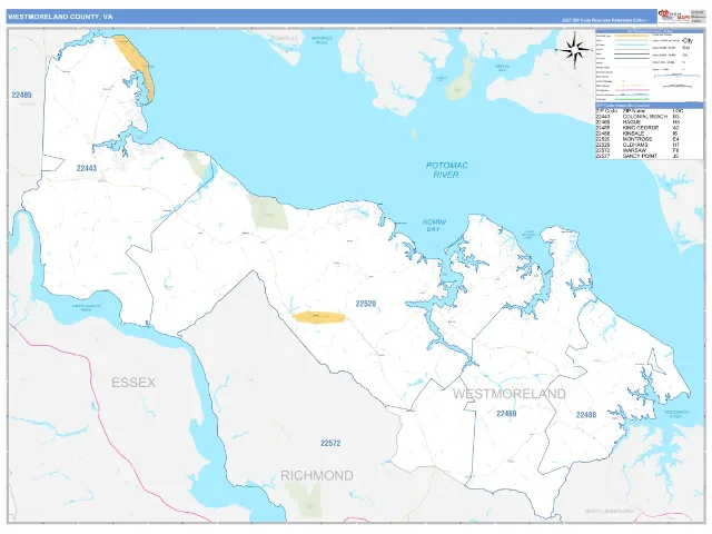 Westmoreland County, VA ZIP Code Wall Map, Business Reference style