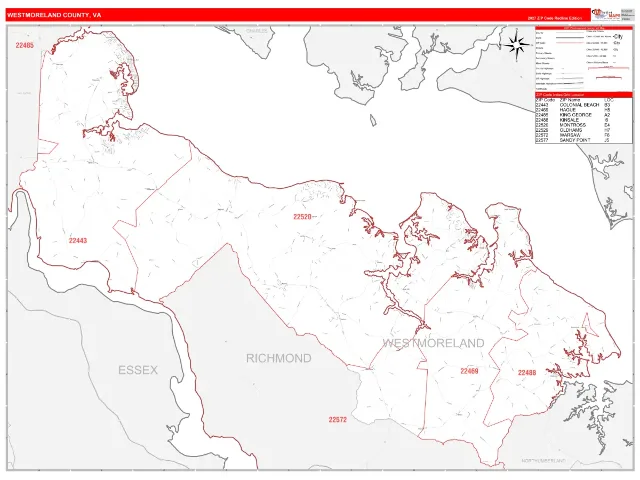 Westmoreland County, VA ZIP Code Wall Map, RedLine style