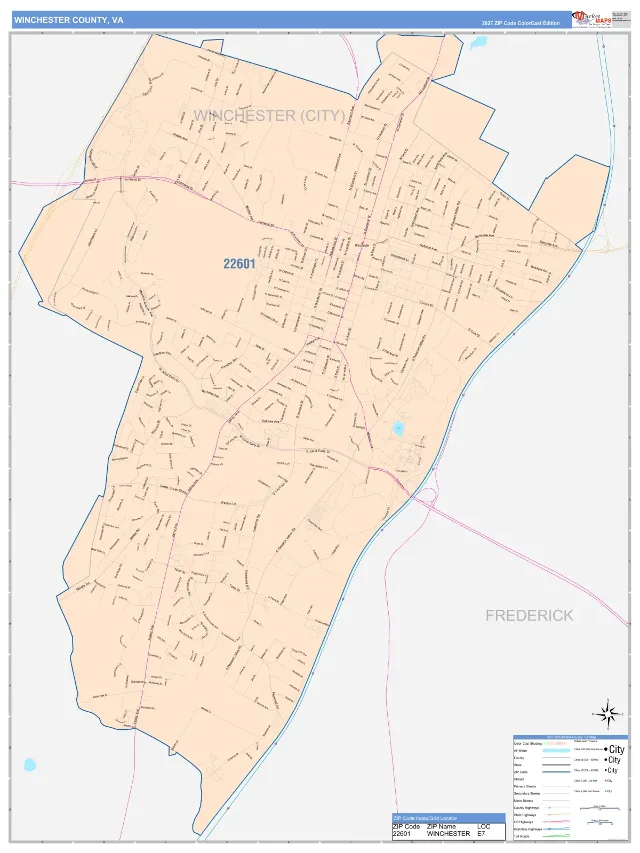 Winchester County, VA ZIP Code Wall Map, ColorCast style