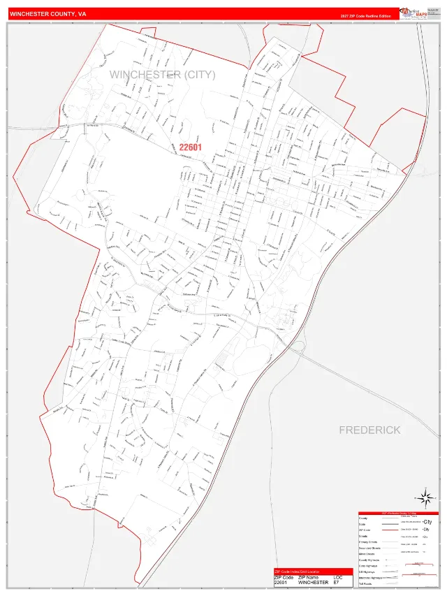 Winchester County, VA ZIP Code Wall Map, RedLine style