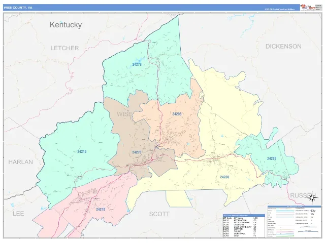 Wise County, VA ZIP Code Wall Map, ColorCast style