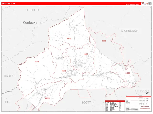 Wise County, VA ZIP Code Wall Map, RedLine style