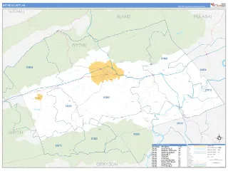 Wythe County, VA Business Reference style ZIP Code wall map