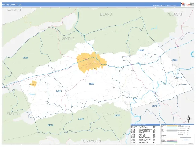 Wythe County, VA ZIP Code Wall Map, Business Reference style