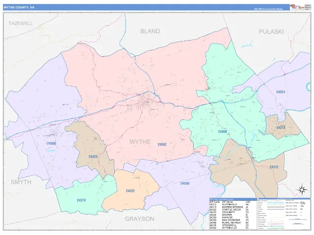Wythe County, VA ZIP Code Wall Map, ColorCast style
