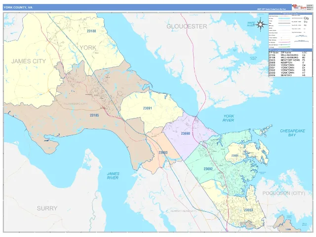 York County, VA ZIP Code Wall Map, ColorCast style