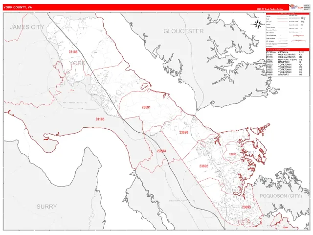 York County, VA ZIP Code Wall Map, RedLine style