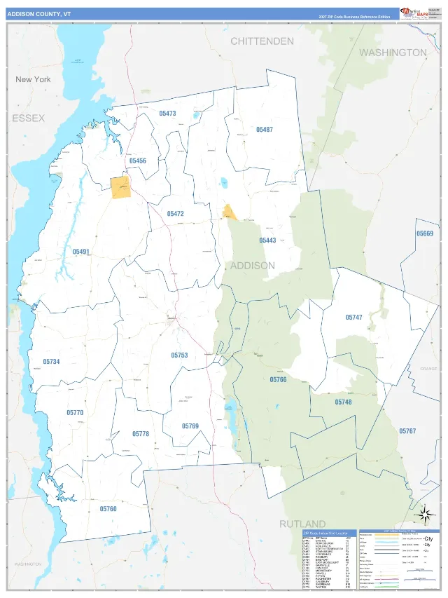 Addison County, VT ZIP Code Wall Map, Business Reference style
