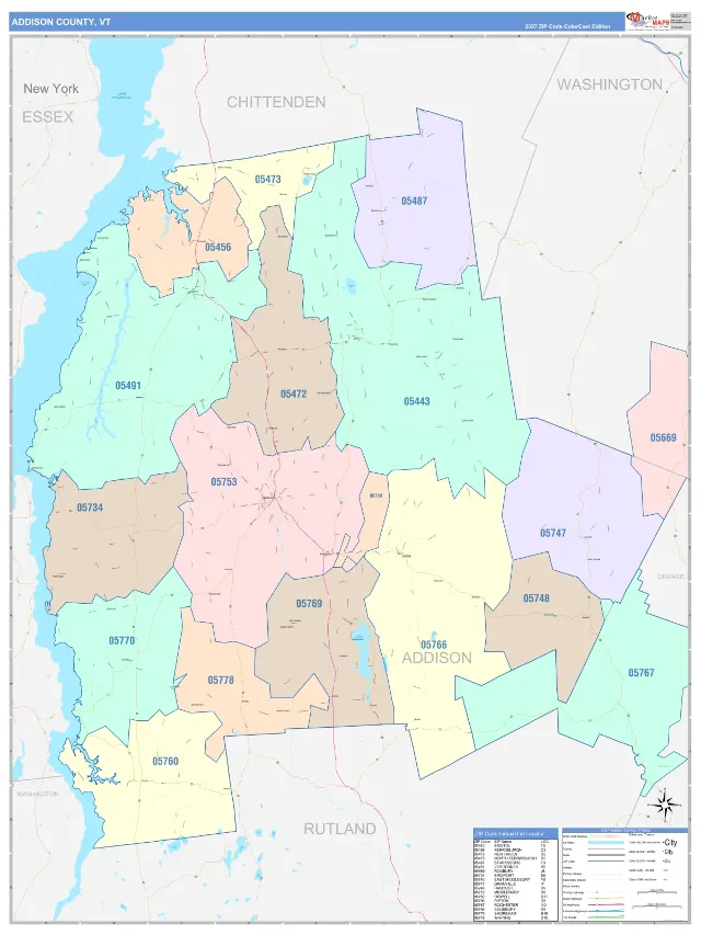 Addison County, VT ZIP Code Wall Map, ColorCast style