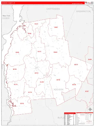 Addison County, VT RedLine style ZIP Code wall map