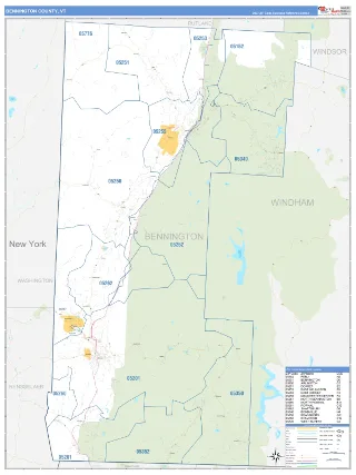 Bennington County, VT Business Reference style ZIP Code wall map
