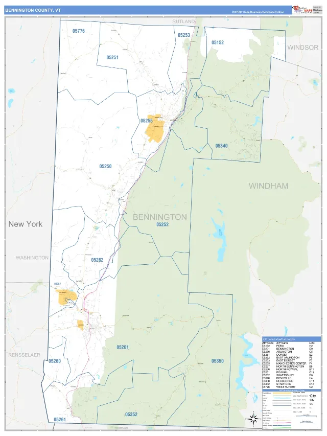 Bennington County, VT ZIP Code Wall Map, Business Reference style