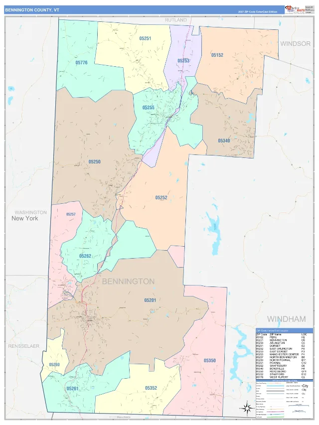 Bennington County, VT ZIP Code Wall Map, ColorCast style