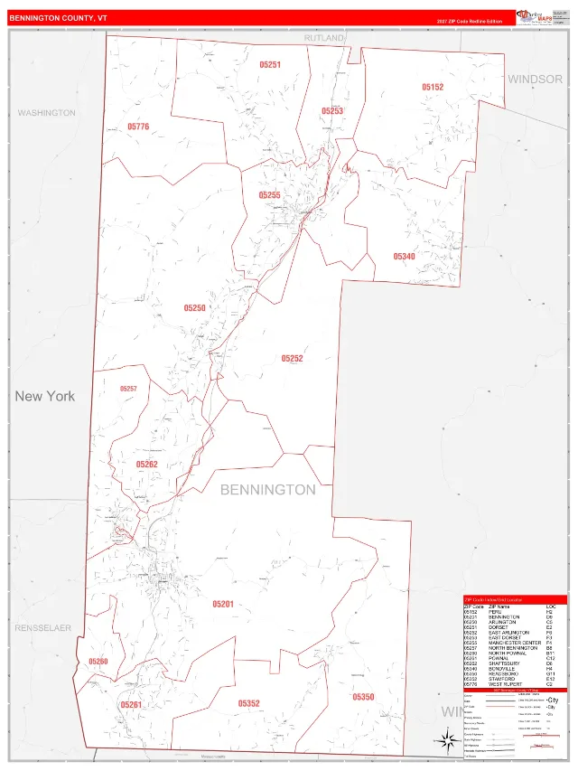Bennington County, VT ZIP Code Wall Map, RedLine style