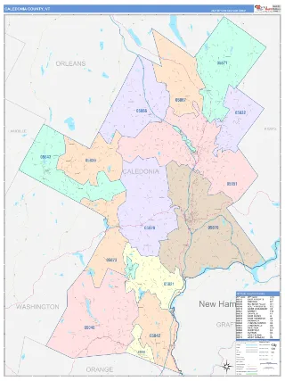 Caledonia County, VT ColorCast style ZIP Code wall map