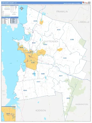 Chittenden County, VT Business Reference style ZIP Code wall map