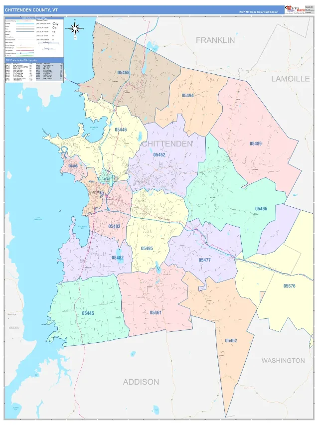 Chittenden County, VT ZIP Code Wall Map, ColorCast style