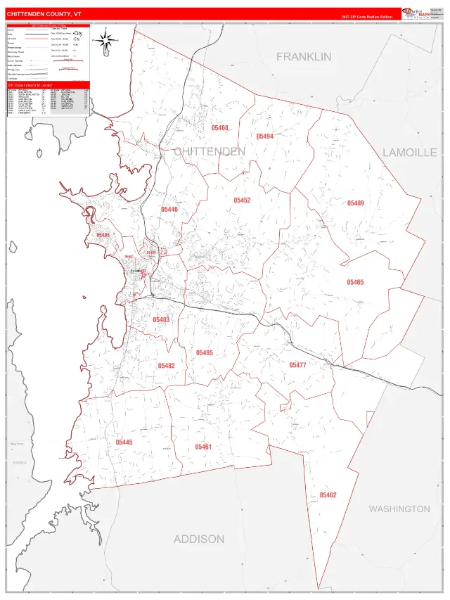 Chittenden County, VT ZIP Code Wall Map, RedLine style
