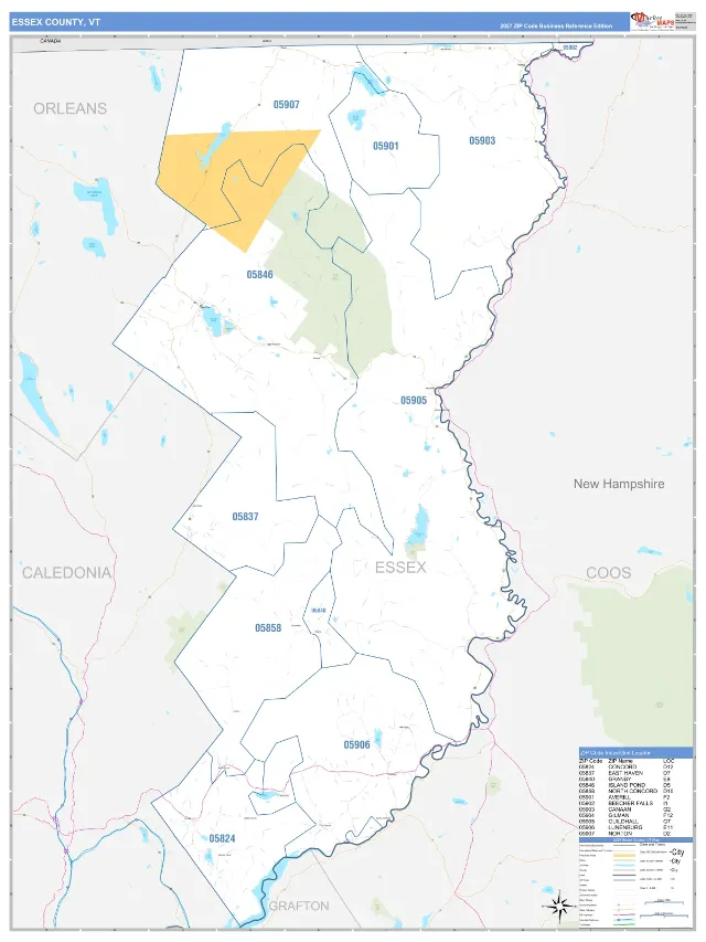 Essex County, VT ZIP Code Wall Map, Business Reference style