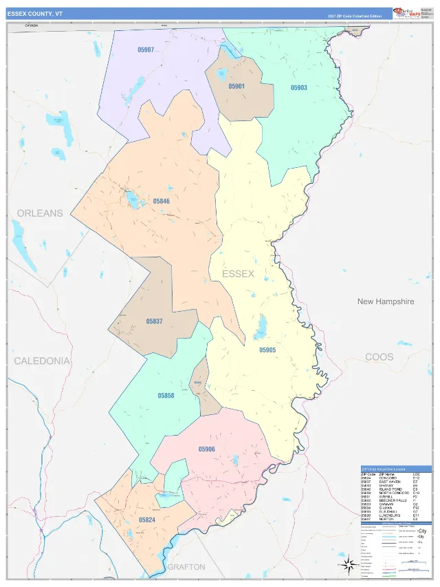 Essex County, VT ZIP Code Wall Map, ColorCast style