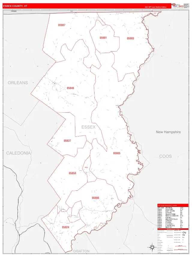 Essex County, VT ZIP Code Wall Map, RedLine style