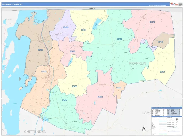 Franklin County, VT ZIP Code Wall Map, ColorCast style