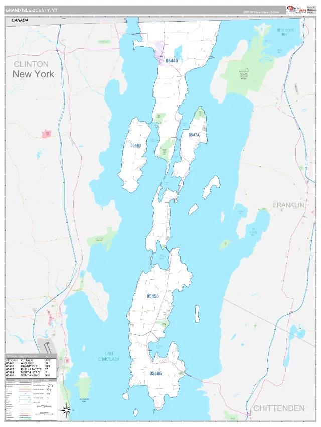 Grand Isle County, VT ZIP Code Wall Map, Classic style