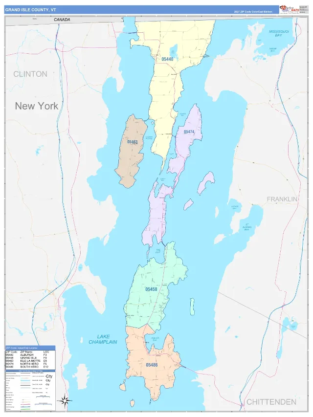 Grand Isle County, VT ZIP Code Wall Map, ColorCast style