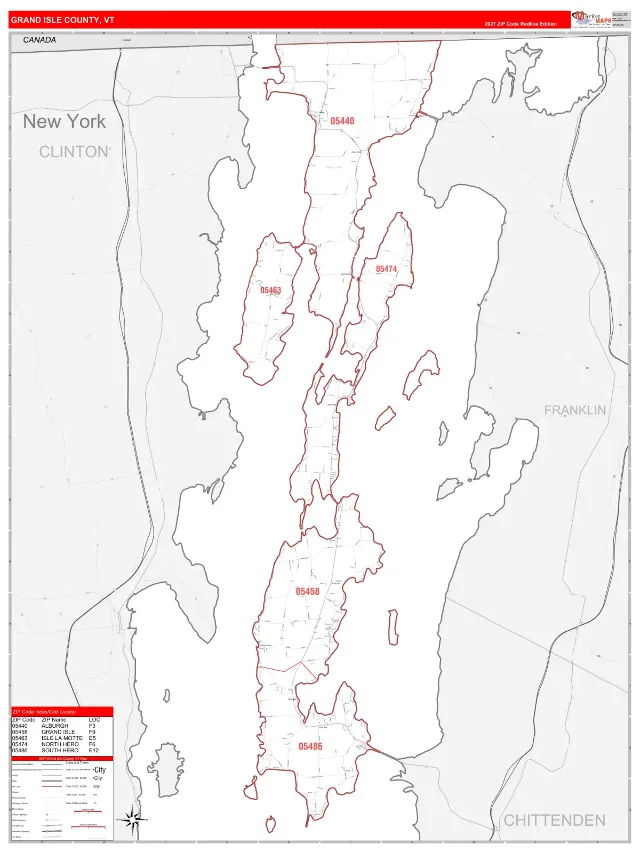 Grand Isle County, VT ZIP Code Wall Map, RedLine style