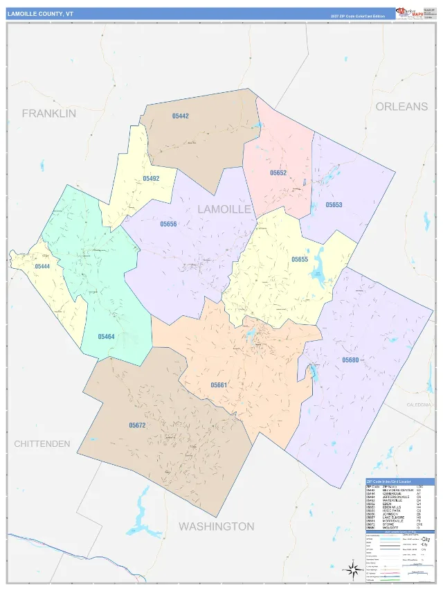 Lamoille County, VT ZIP Code Wall Map, ColorCast style