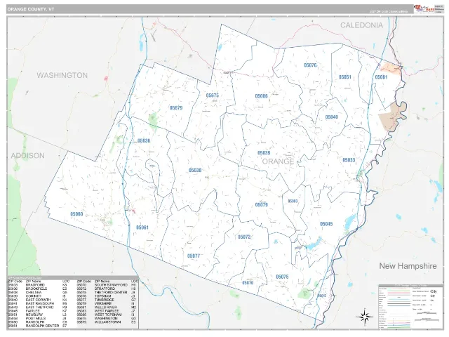 Orange County, VT ZIP Code Wall Map, Classic style