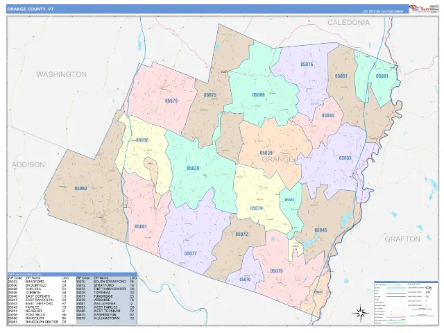 Orange County, VT ZIP Code Wall Map, ColorCast style