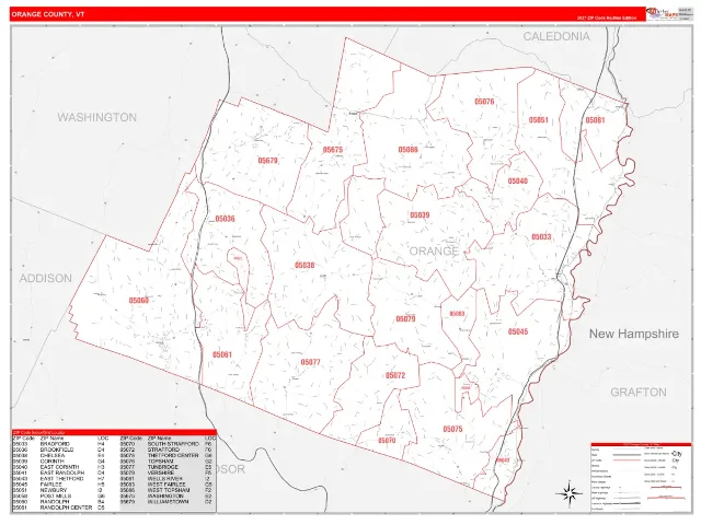 Orange County, VT ZIP Code Wall Map, RedLine style