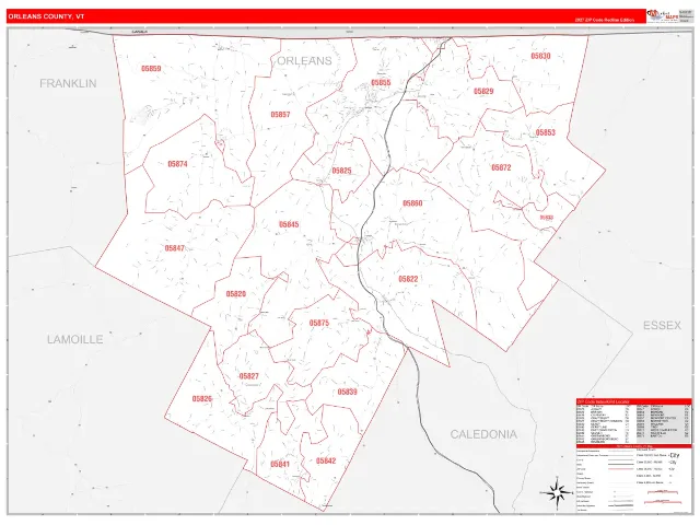 Orleans County, VT ZIP Code Wall Map, RedLine style