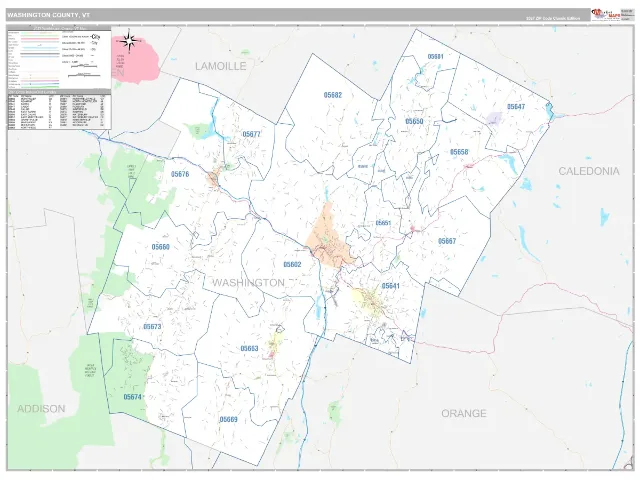 Washington County, VT ZIP Code Wall Map, Classic style