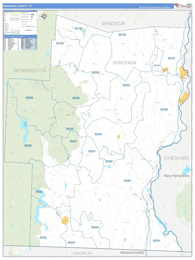 Windham County, VT ZIP Code Wall Map, Business Reference style