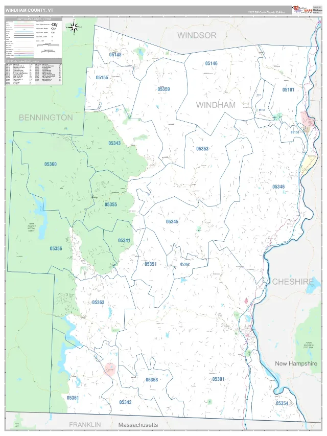 Windham County, VT ZIP Code Wall Map, Classic style